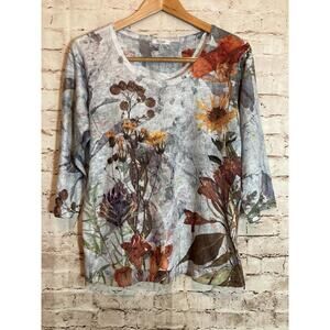 Et'Lois Top Womens Large Light Gray Spring Florals Textured Artsy Art To Wear